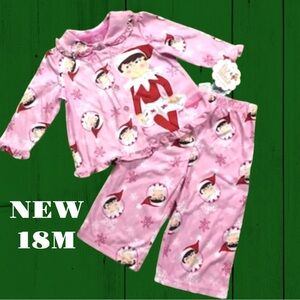NEW- 18M Toddler Girls ELF on the SHELF Christmas 2 Pc Button Up Pink Pajama Set